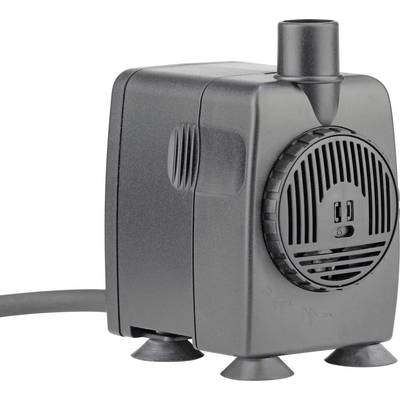 Une petite pompe à eau électrique noire, équipée d'un cordon d'alimentation et de ventouses à sa base, conçue pour une utilisation dans les aquariums ou les fontaines.