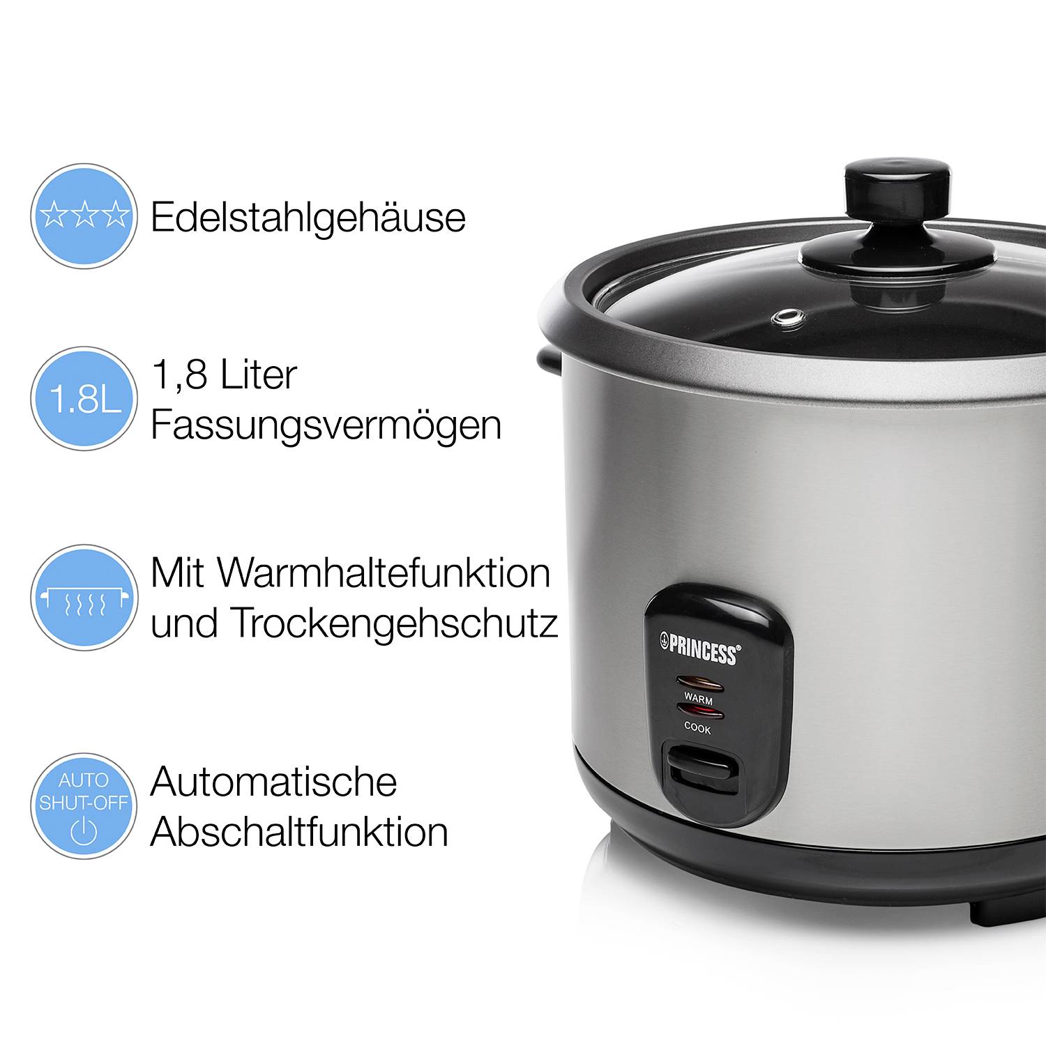 Cuiseur à riz avec boîtier en acier inoxydable et une capacité de 1,8 litres. Équipement : fonction maintien au chaud, protection contre la marche à sec, arrêt automatique.