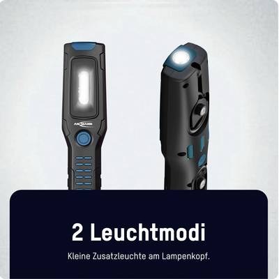 'Lampe de poche LED avec deux modes d'éclairage. Éclairage supplémentaire en tête de lampe. Représentée en vue frontale et latérale.'