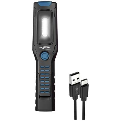 Lampe de travail LED noire avec accent bleu, orientée verticalement. Comprend un câble de charge USB-C, adaptée pour un atelier ou une voiture.
