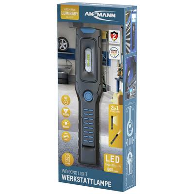 Lampe d'atelier Ansmann en emballage bleu avec données LED : 600 lumens, 5W, fonction 2 en 1. Recommandée pour les ateliers et les garages.