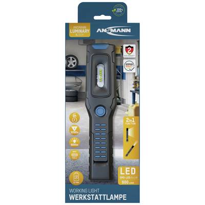 Un emballage d'une lampe d'atelier LED de 600 lumens. Des icônes imprimées illustrent les fonctionnalités : durée d'éclairage de 9 heures, 3200 Kelvin, fonction 2-en-1.