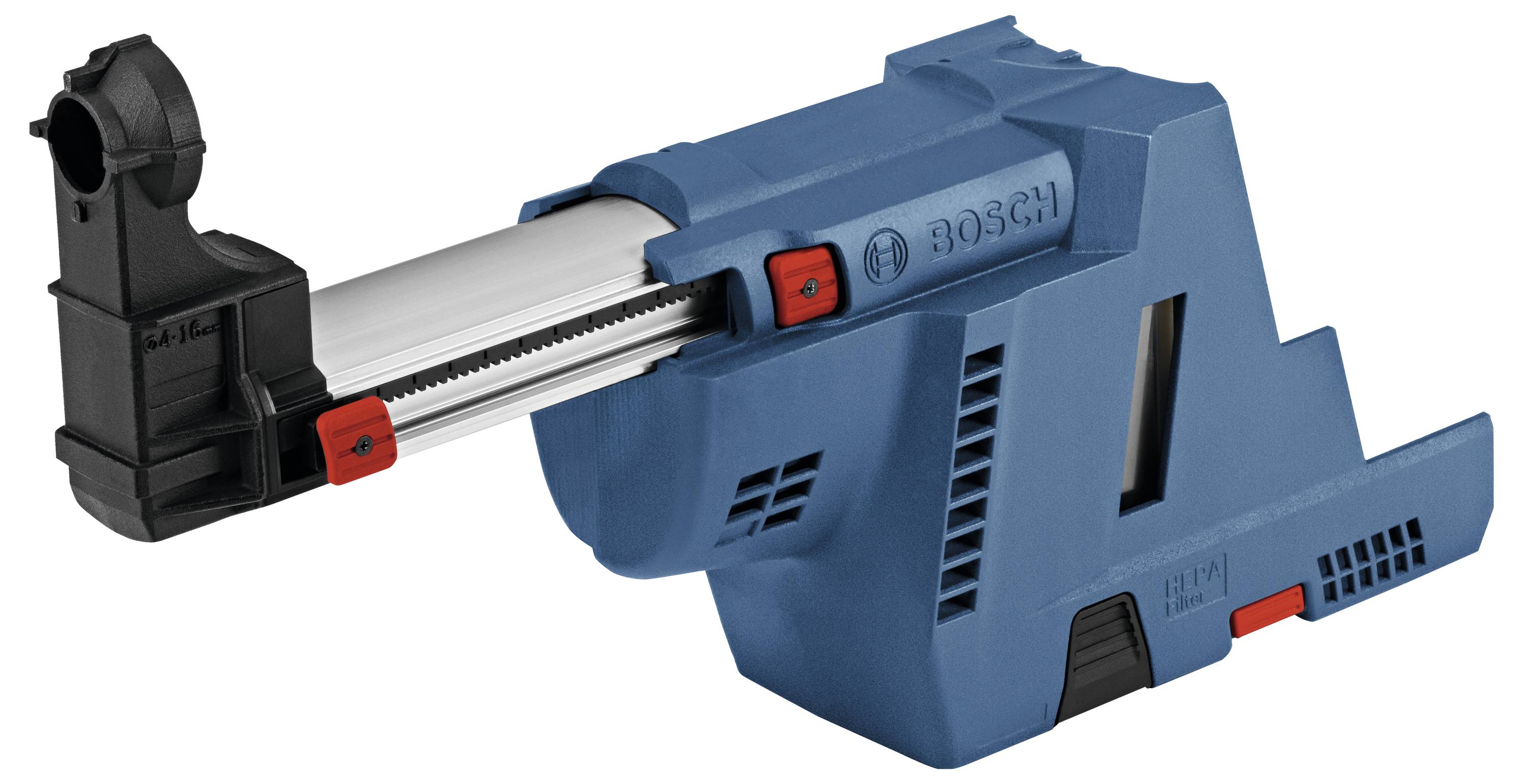 Système d'aspiration de poussière de forage en bleu, compatible avec un marteau-piqueur, marqué du logo Bosch. Capte la poussière pendant le perçage, minimise la pollution.