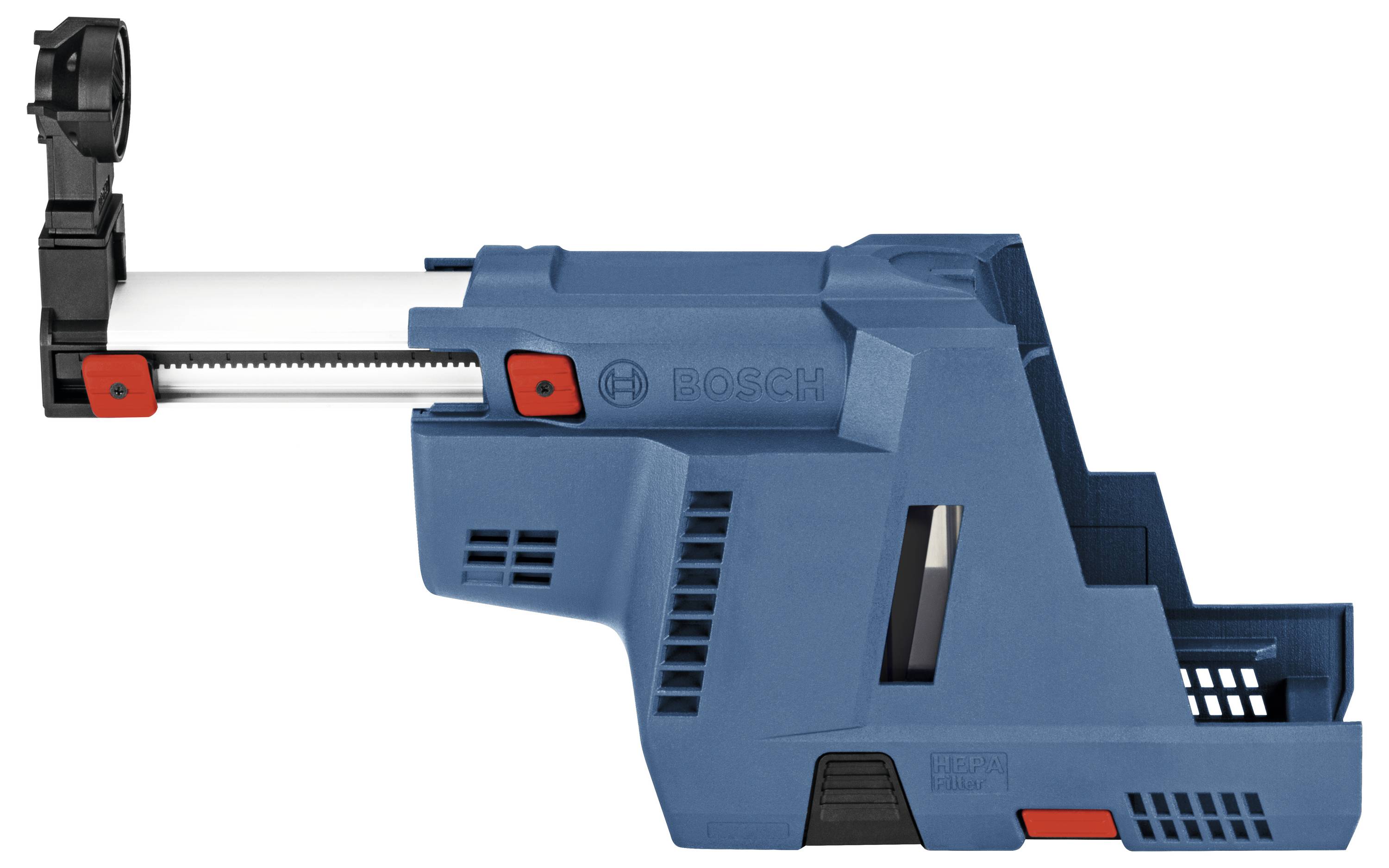 Embout aspirateur bleu Bosch pour outils électriques, destiné à l'aspiration des poussières lors de travaux de perçage, présentant le logo de la marque et une surface structurée.