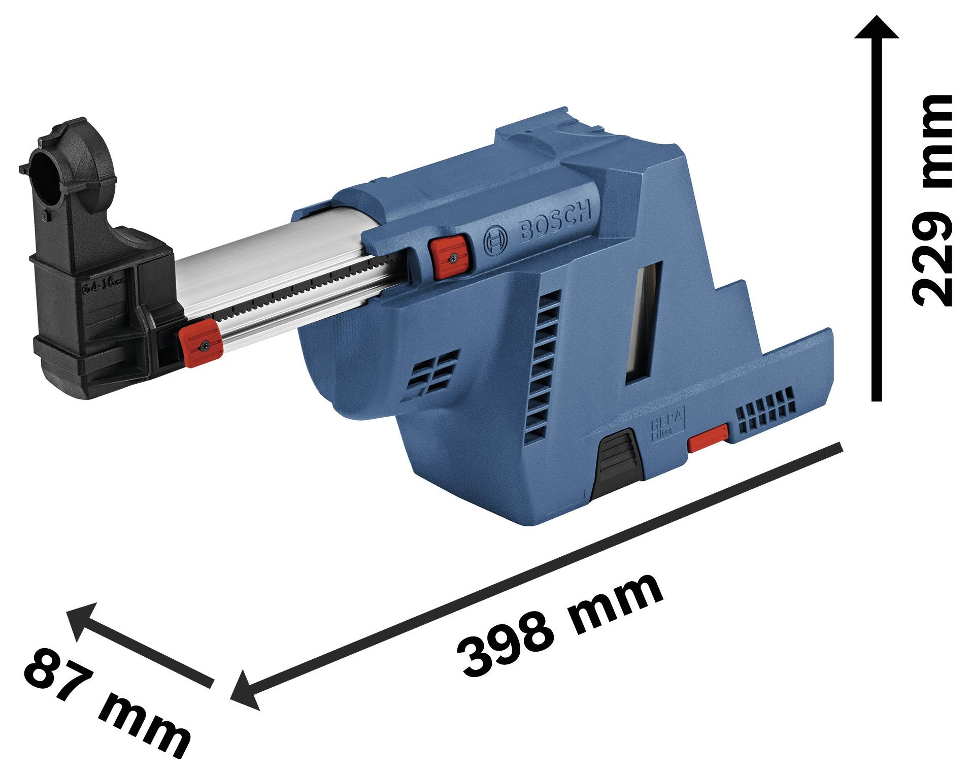 Adaptateur de dépoussiérage de 398 mm de long, 87 mm de large et 229 mm de hauteur. Adapté aux outils électriques pour une collecte efficace des poussières.
