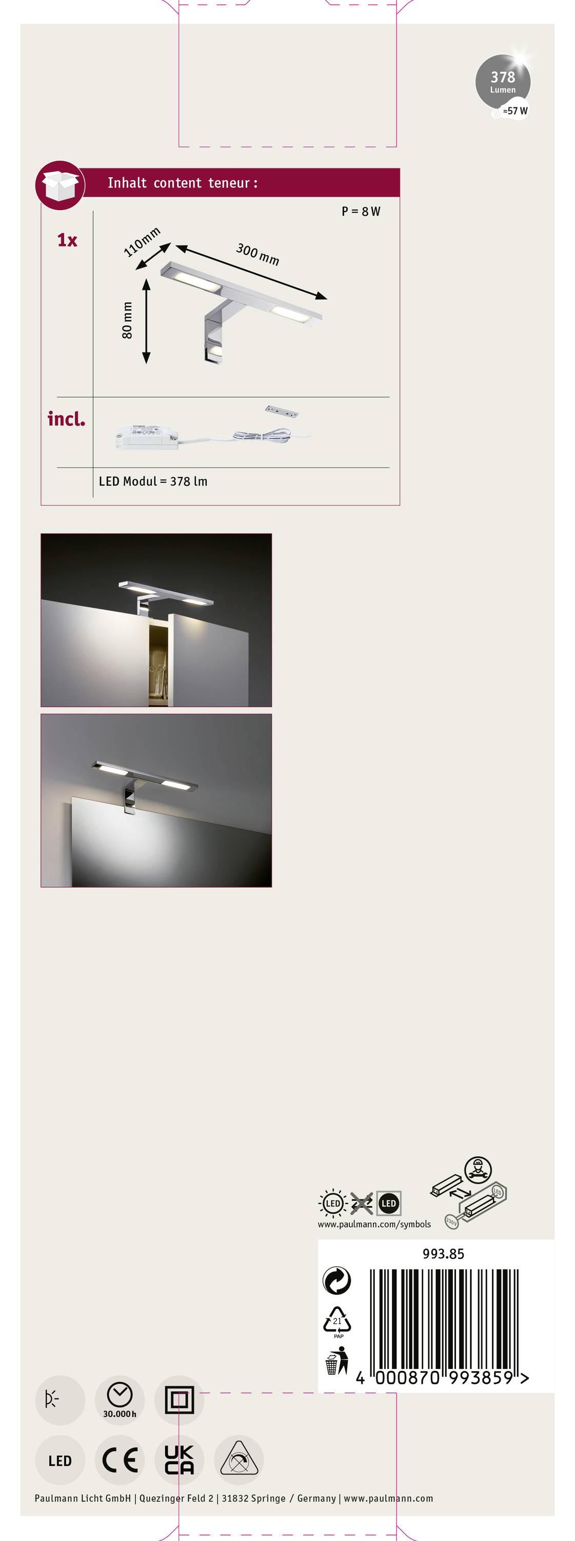 Emballage de produit pour un applique murale LED. Montre l'installation, le luminaire en action sur le mur, et les détails techniques.