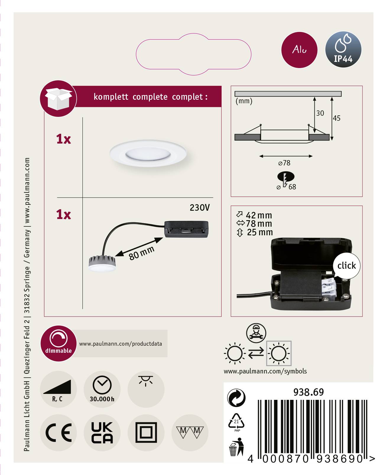 Face arrière de l'emballage avec informations sur un luminaire LED rond : 1x luminaire LED, IP44, 230V, découpe Ø78mm, profondeur d'encastrement 25mm, classe de protection II.