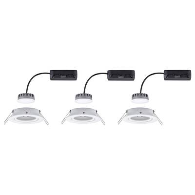 Trois luminaires LED encastrés ronds avec boîtiers de connexion noirs, reliés par des câbles, sur fond blanc.