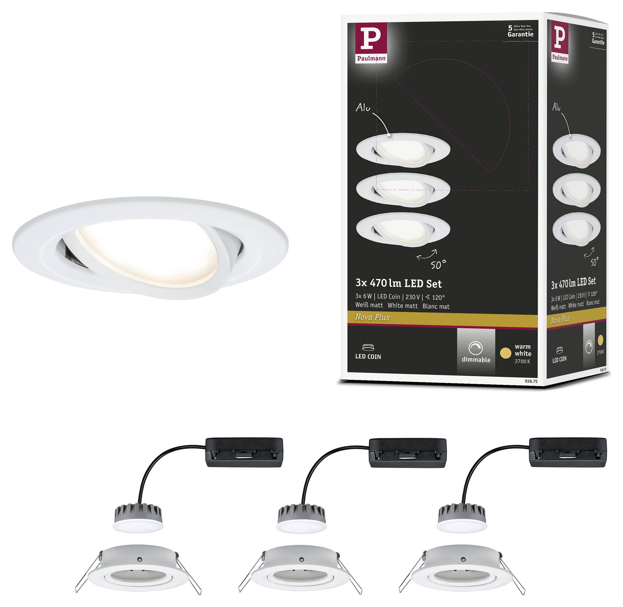 Kit d'éclairage LED comprenant trois spots encastrables ronds orientables, avec 470 lumens par projecteur. Les détails du montage sont indiqués sur l'emballage.