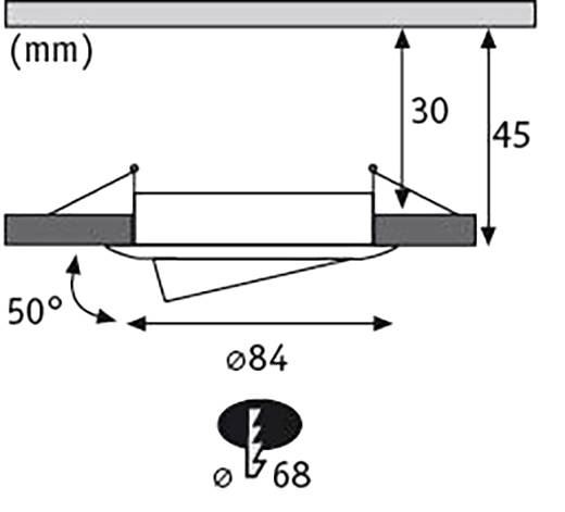 Diagramme montre les dimensions d'installation d'un luminaire : Hauteur totale 45 mm, profondeur d'encastrement 30 mm, diamètre 84 mm, angle d'inclinaison 50°, perçage 68 mm.