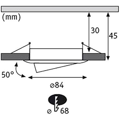 Diagramme montre les dimensions d'installation d'un luminaire : Hauteur totale 45 mm, profondeur d'encastrement 30 mm, diamètre 84 mm, angle d'inclinaison 50°, perçage 68 mm.
