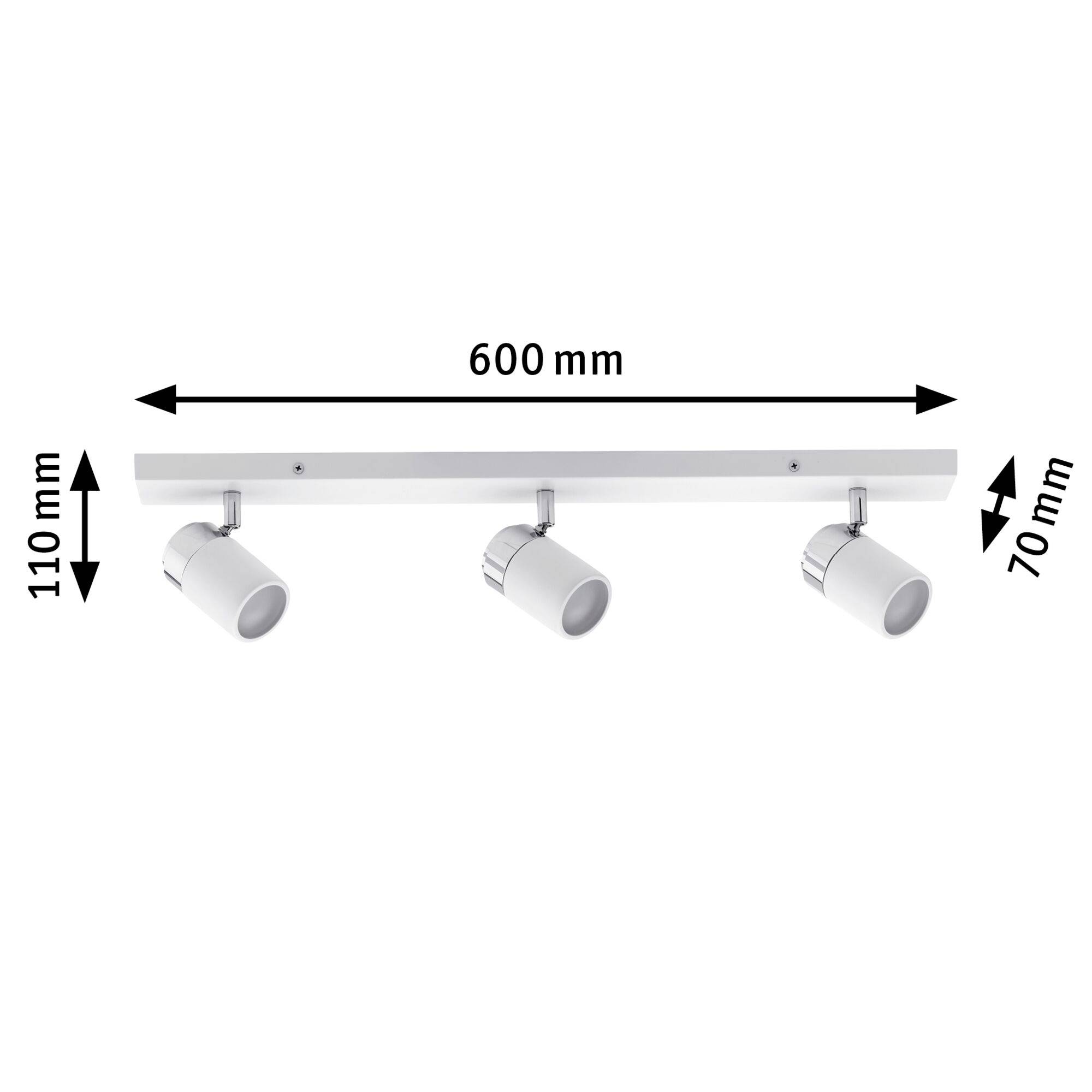 Plafonnier triple avec lampes blanches, monté sur une barre de 600 mm ; dimensions : hauteur 110 mm, profondeur 70 mm.