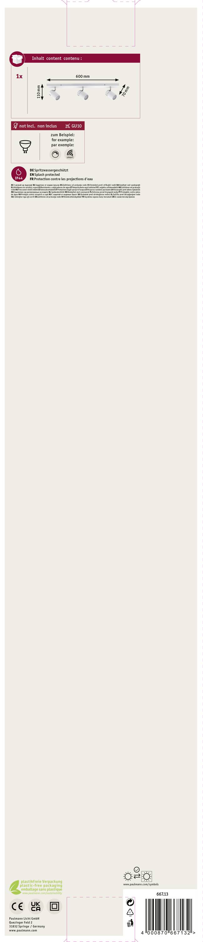 Lampe, E14, max. 10W, IP44, convenant pour l'éclairage de salle de bain. Dimensions : 46,7 cm de long, 9,1 cm de large. Notice de montage illustrée.