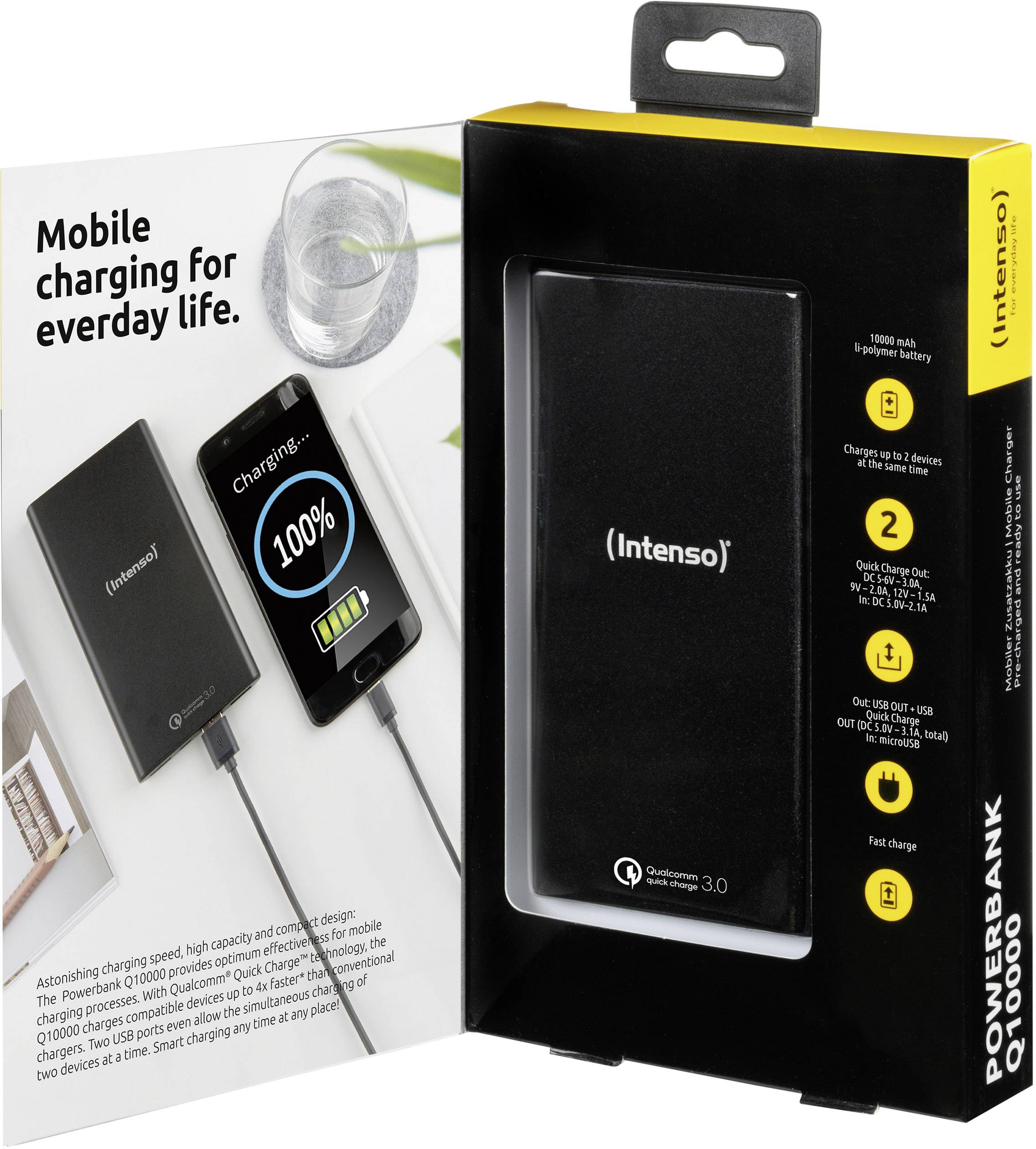 Emballage de la Powerbank 'Intenso' montrant l'image du produit avec un câble, un indicateur de charge et le texte 'Charge mobile pour la vie quotidienne'. Capacité : 10 000 mAh.