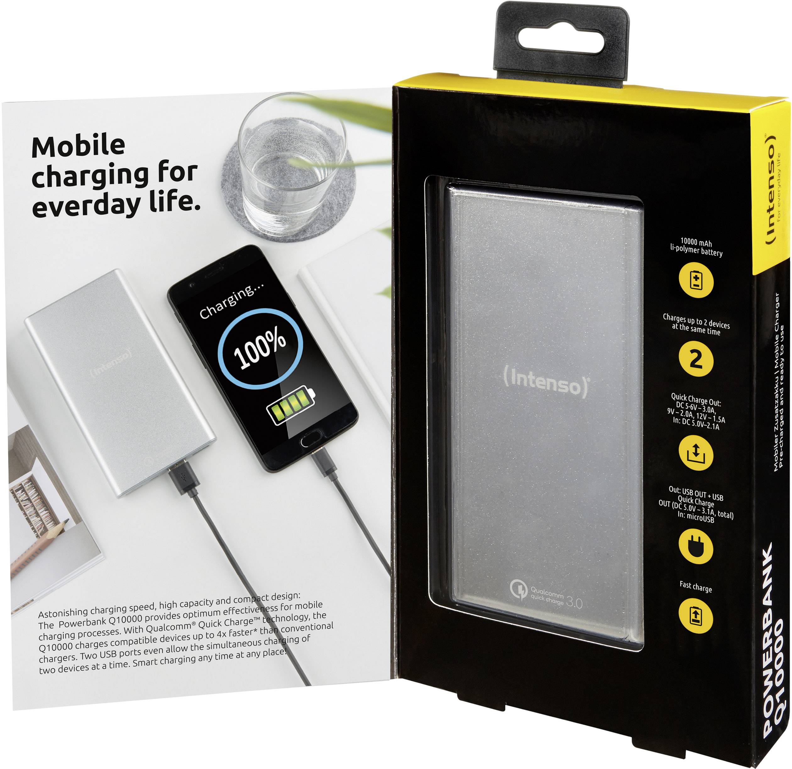 Emballage de powerbank d'Intenso portant l'inscription « Charge mobile pour le quotidien » avec une image de smartphone à 100% de batterie.