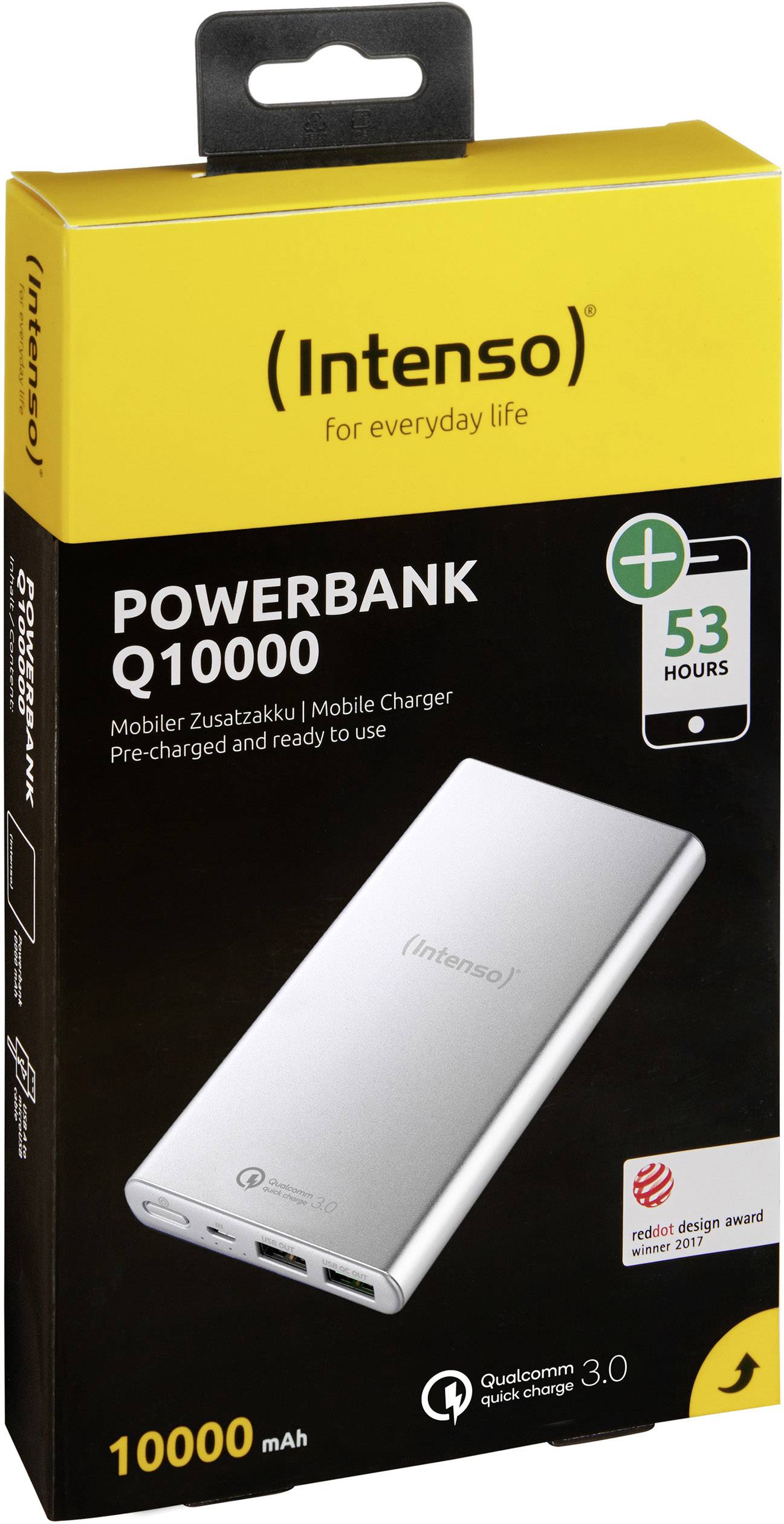 'Intenso Powerbank Q10000' Emballage avec image de la batterie externe. Texte : '53 heures', '10000 mAh', 'Qualcomm Quick Charge', 'pour la vie quotidienne'.