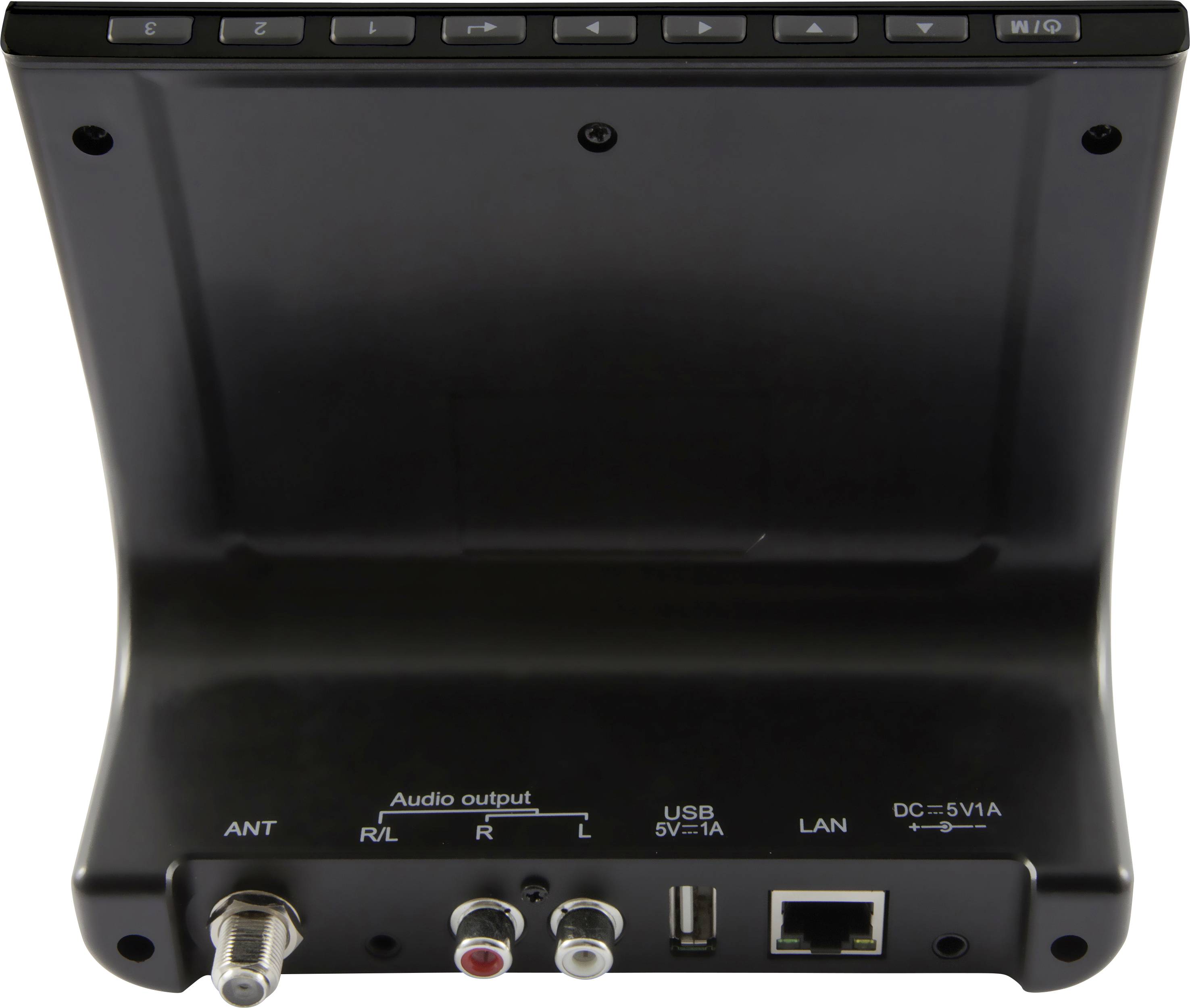 Un récepteur numérique noir avec plusieurs connexions : ANT, sorties audio (R/L), USB, LAN et connexion d'alimentation (DC 5V 1A). Des touches de contrôle sont situées sur le dessus.