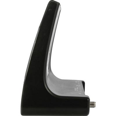 Un appareil noir vu de profil, probablement un dispositif électronique de charge ou d'accueil, avec une surface lisse et des bords arrondis.