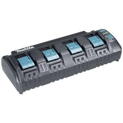 Un chargeur Makita avec quatre stations de charge, chacune identifiée par des rabats bleus, adapté aux batteries d'outils électriques.