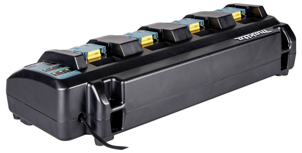 Chargeur de batterie noir à plusieurs emplacements, avec des câbles sur le côté, adapté pour charger simultanément plusieurs batteries.