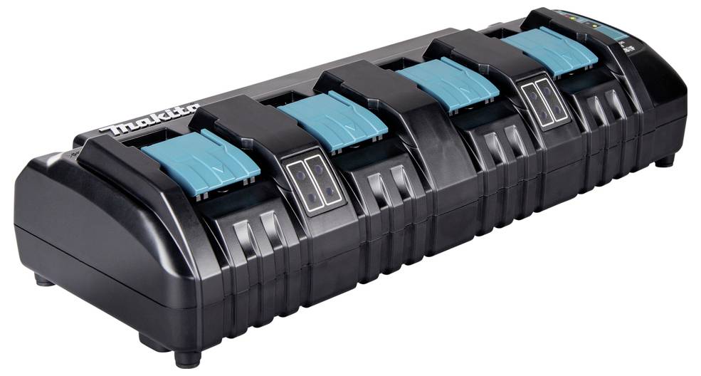 Chargeur en forme de micro-ondes avec six emplacements pour batteries bleues, adapté aux outils rechargeables.