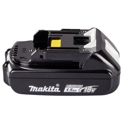 Batterie lithium-ion Makita 18V 1,5Ah conçue pour les outils électroportatifs sans fil. Boîtier noir avec détails blancs et jaunes.