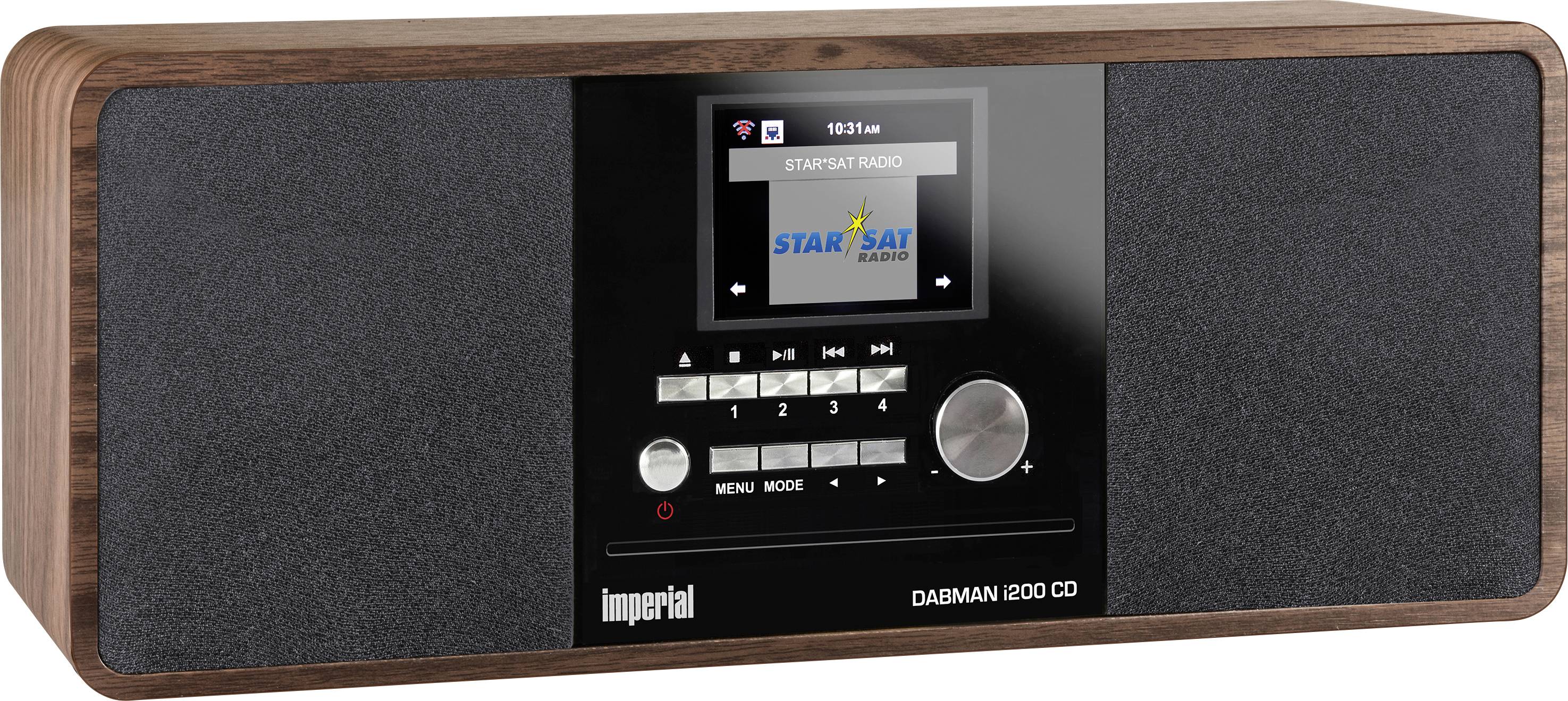 Radio en bois avec façade noire, l'écran affiche 'Star Sat Radio'. Boutons de commande et haut-parleurs visibles.