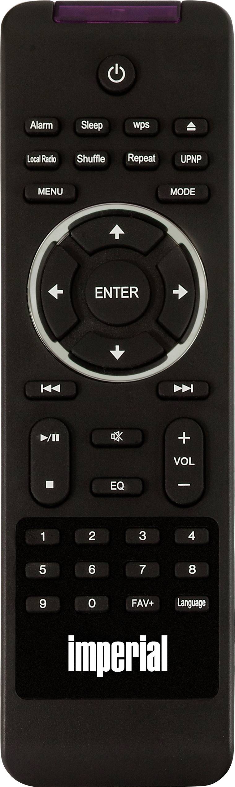 Télécommande noire avec des touches pour le volume, la navigation et le contrôle de lecture. L'interrupteur marche/arrêt se trouve en haut.