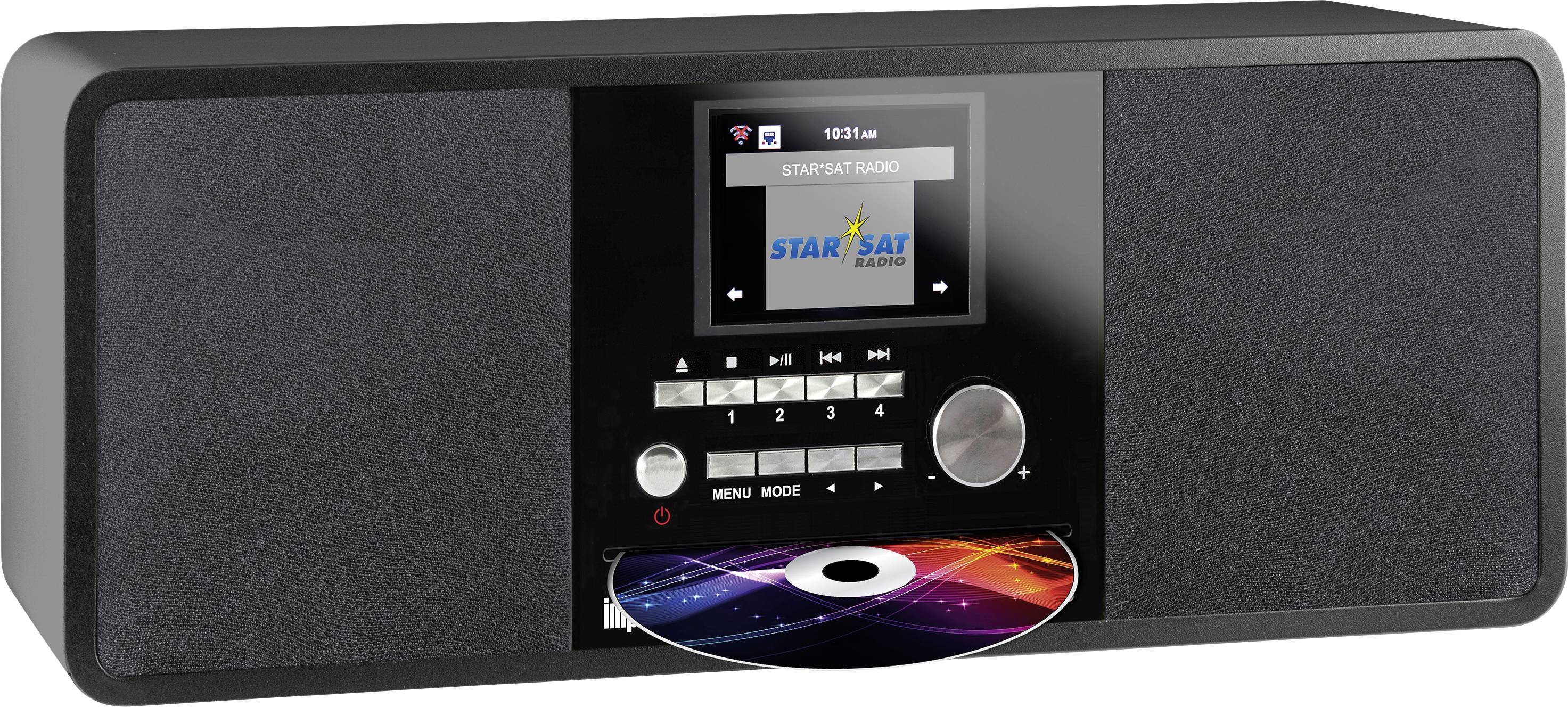 Un radio noir avec un lecteur CD intégré. L'écran affiche la station 'Star Sat Radio'. Un CD est en cours de lecture.