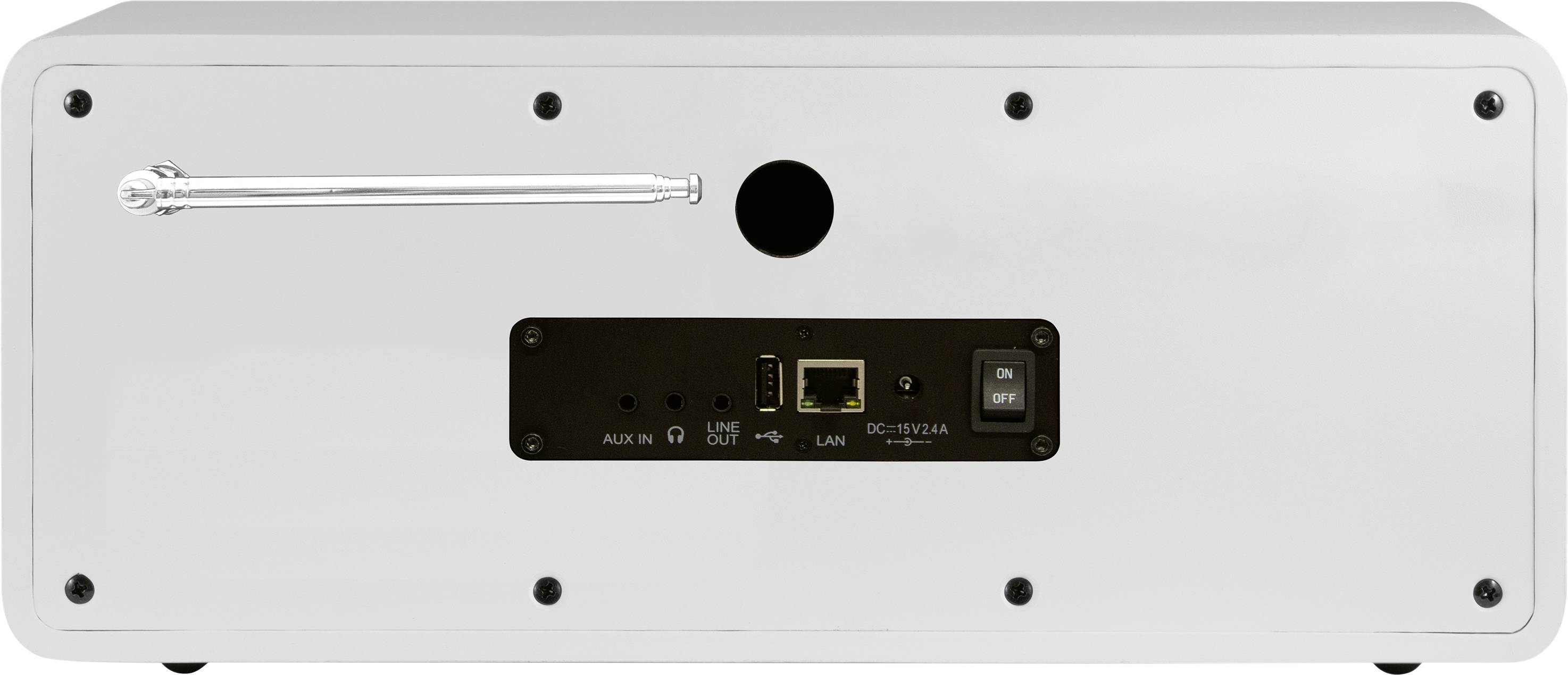 Face arrière d'un appareil électronique blanc avec une antenne, plusieurs ports et un interrupteur marche/arrêt, adapté pour la connexion réseau.