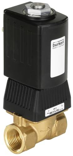 Vanne 'Burkert' en métal avec boîtier noir et étiquette 'Made in Germany', adaptée pour la régulation des liquides et des gaz.