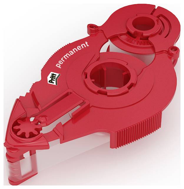 Rouleau adhésif rouge étiqueté 'permanent' avec un étui de protection transparent, conçu pour les travaux manuels ou l'usage bureautique.