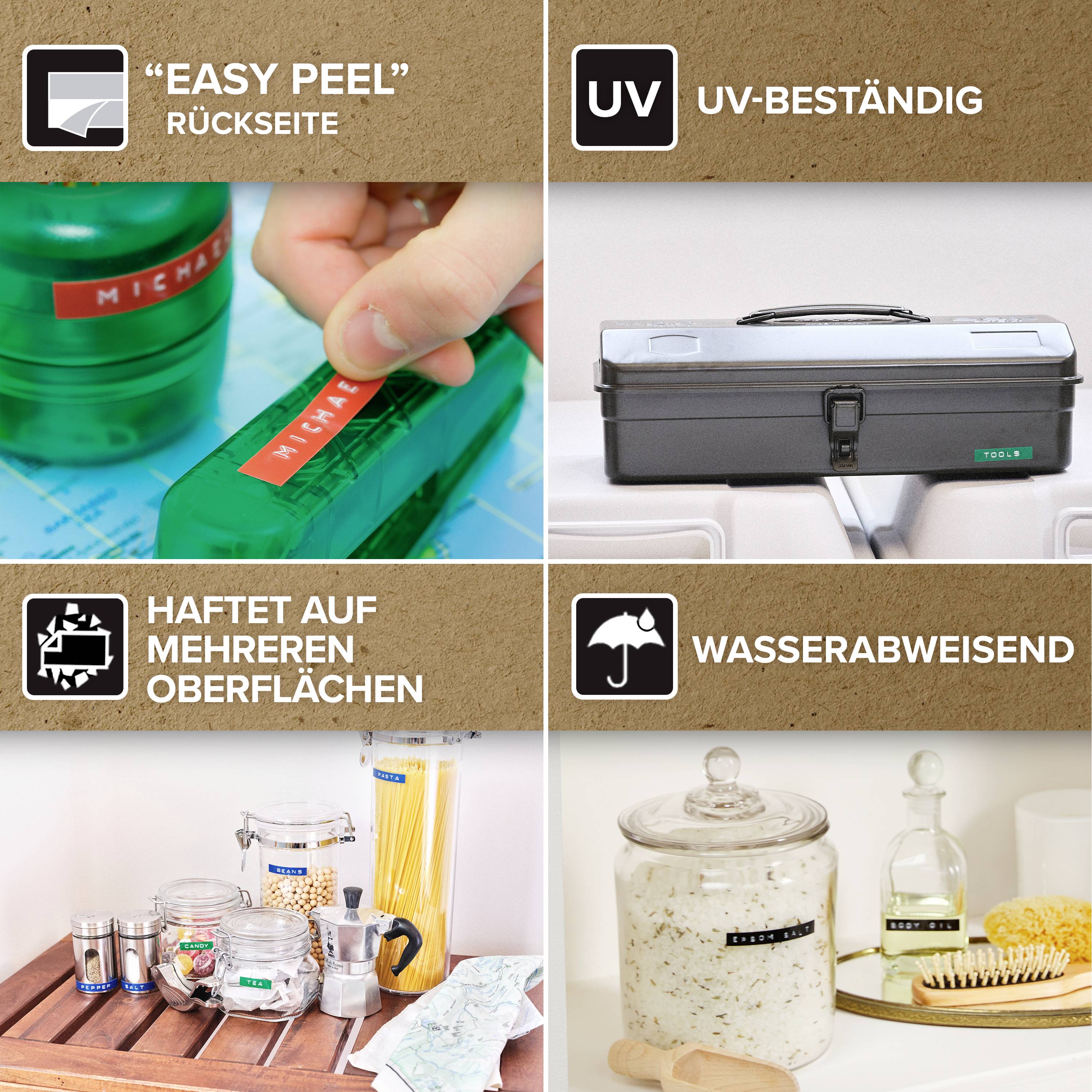 'Mise en valeur des caractéristiques du produit : Dos à pelage facile, résistant aux UV, adhère à plusieurs surfaces, hydrofuge.'