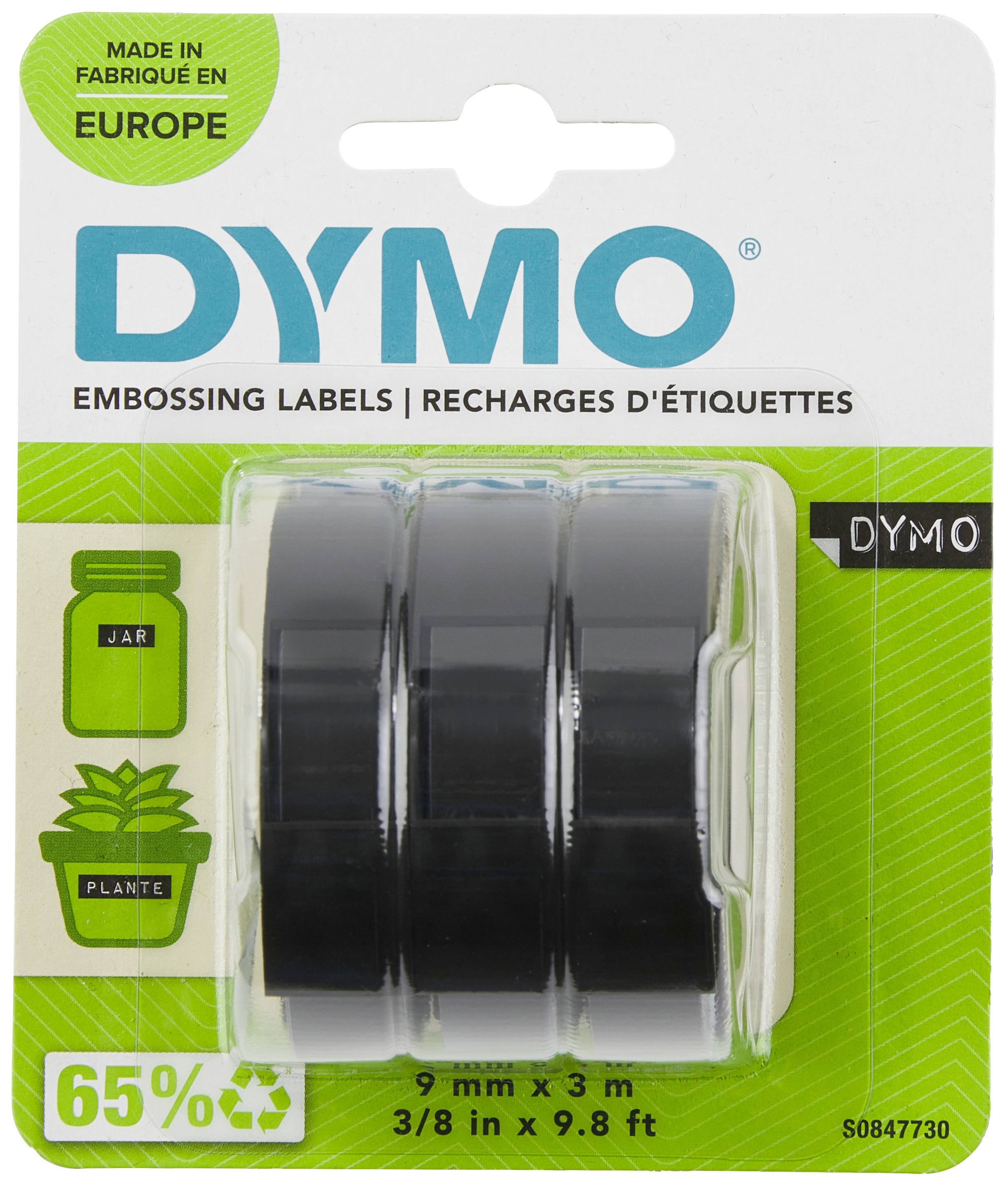 Étiquettes en relief DYMO, rouleaux noirs de 9 mm x 3 m, pour étiqueter bocaux et plantes, 65% recyclés, fabriqués en Europe.