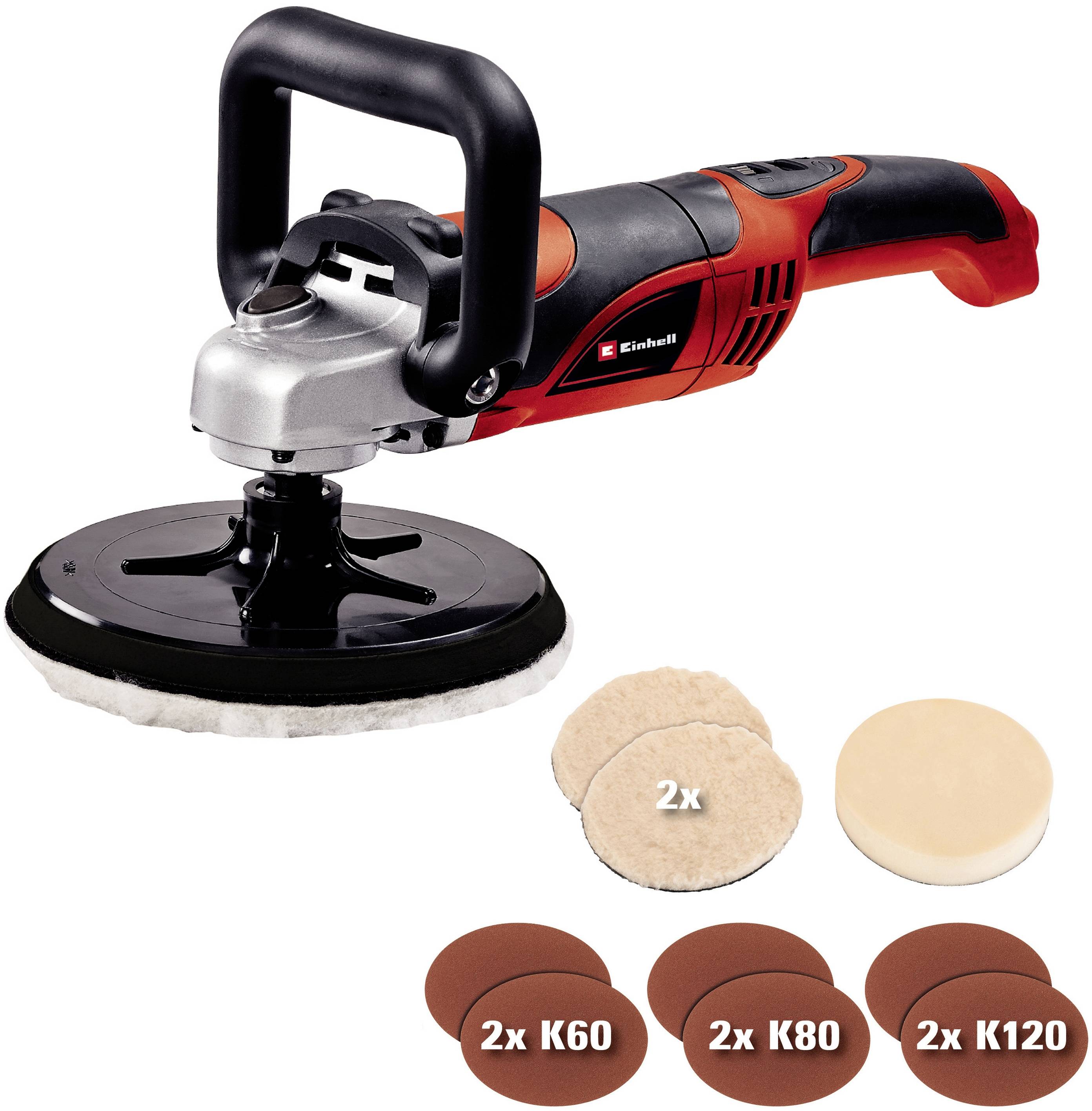 Polisseuse Einhell avec boîtier rouge et poignée noire, incluant différents disques de ponçage et de polissage pour le traitement des surfaces.