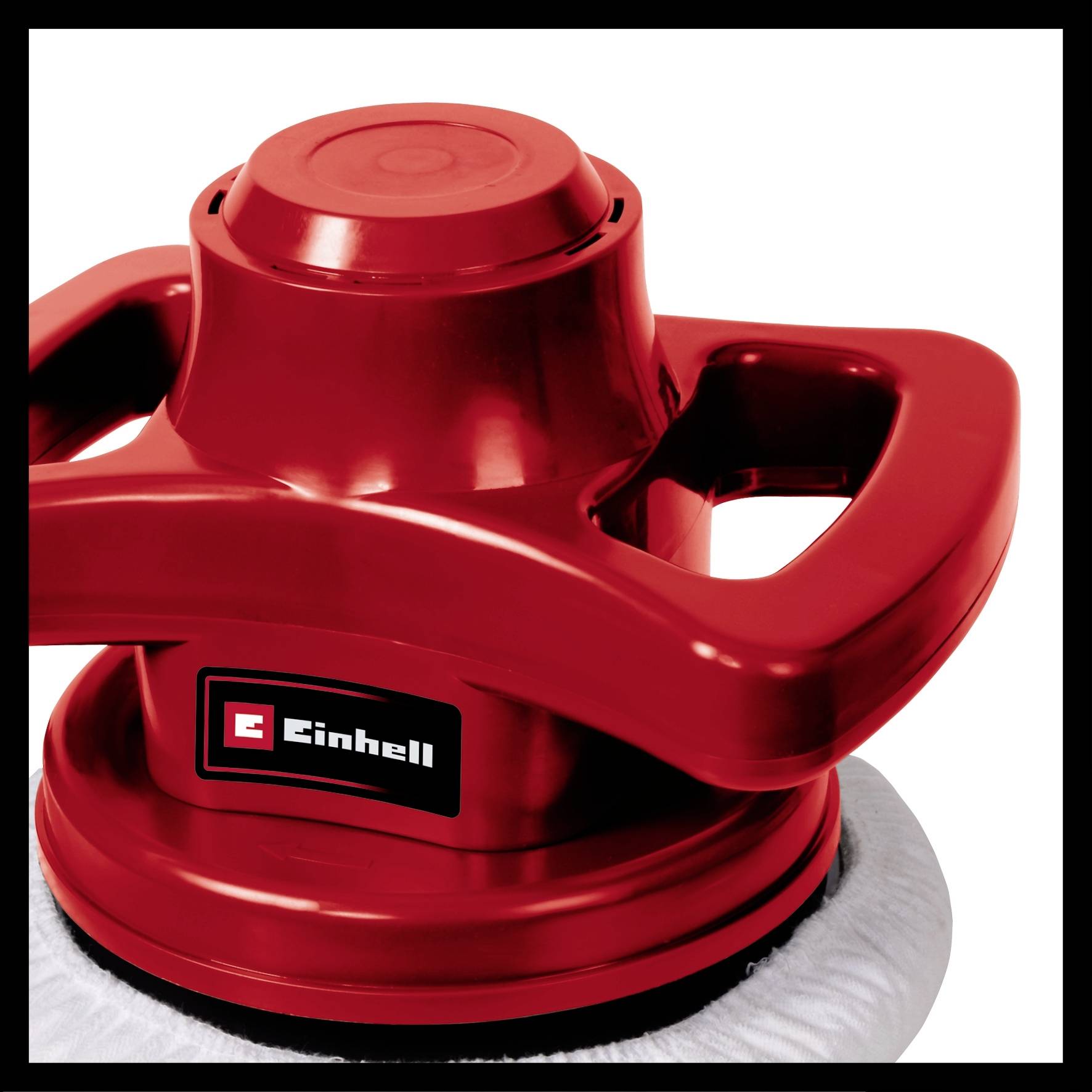 Un appareil de polissage rouge de la marque 'Einhell'. Il dispose de poignées ergonomiques et est conçu pour le polissage de surfaces.