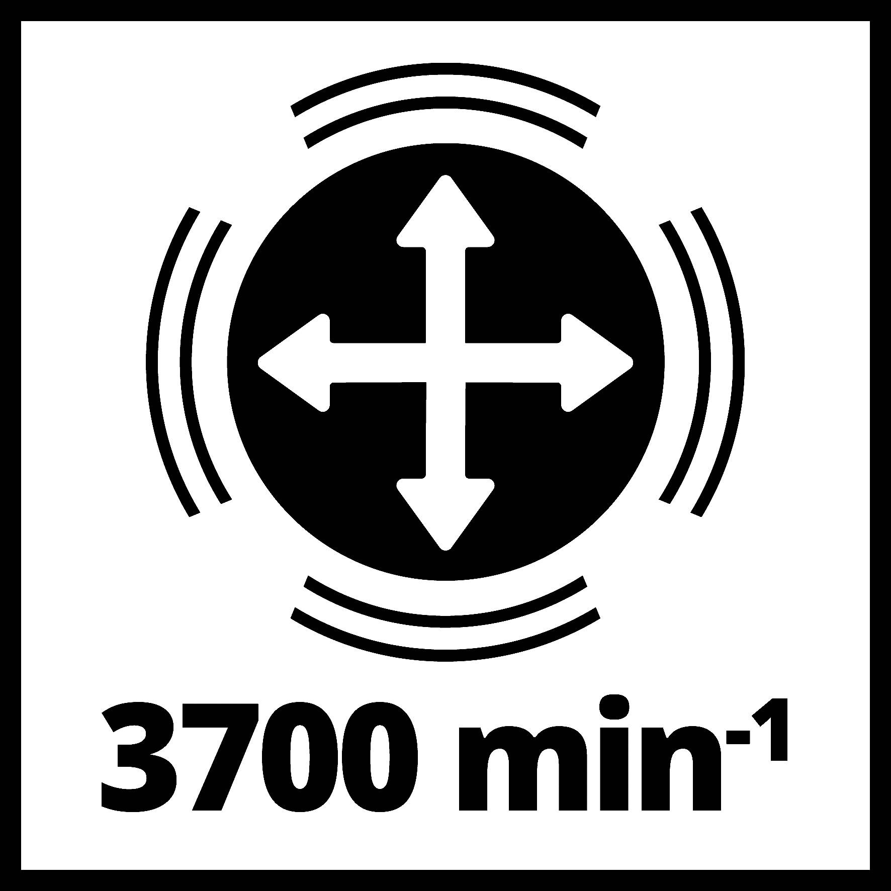 Symbole avec des flèches dans toutes les directions et des lignes ondulantes, avec l'inscription '3700 min⁻¹' en dessous. Symbolise un taux de vibration élevé.