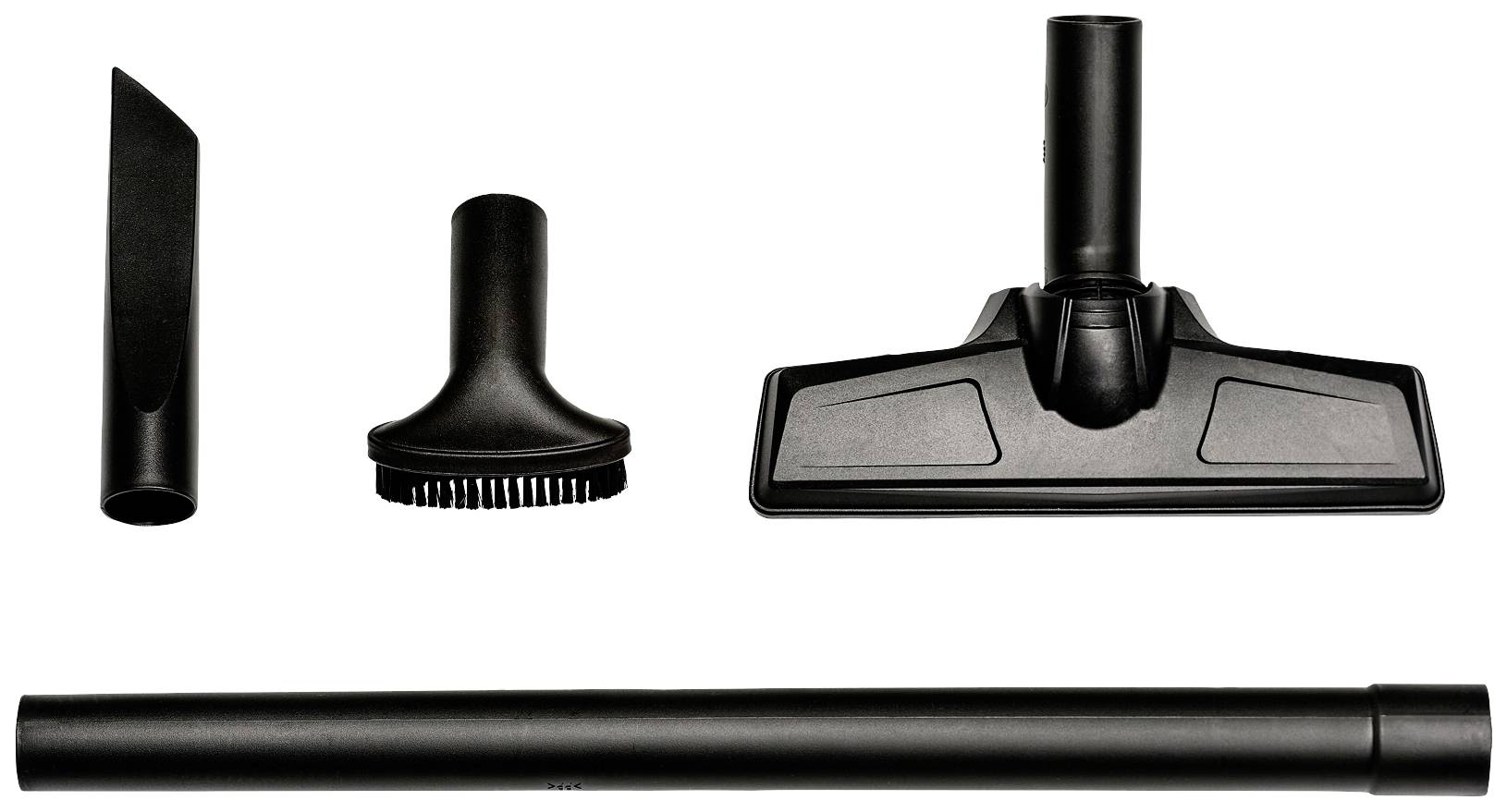 Ensemble d'accessoires d'aspirateur : buse, brosse d'embout, tube d'aspiration et brosse universelle pour sol, adapté à divers travaux de nettoyage.