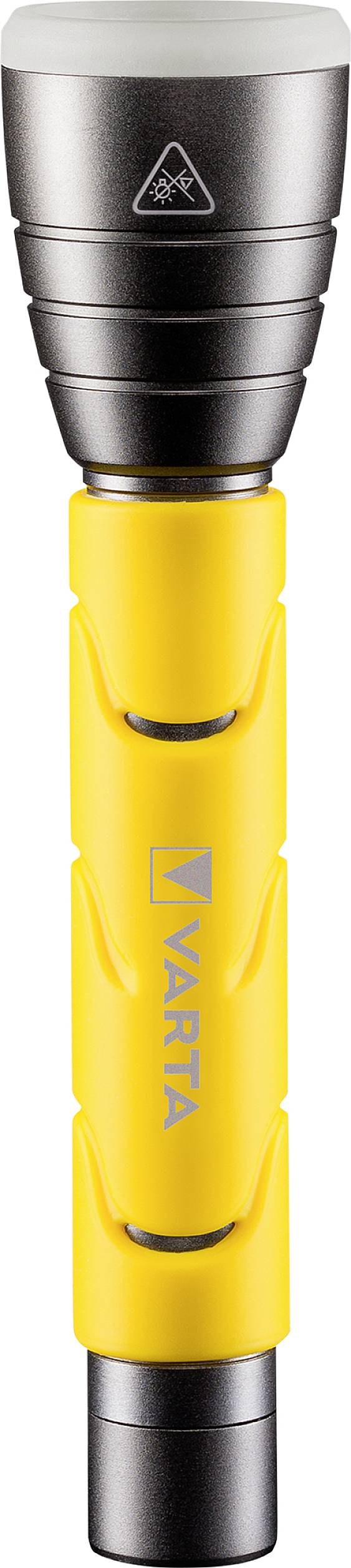 Une lampe de poche VARTA jaune avec tête argentée, adaptée à divers besoins d'éclairage.