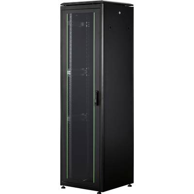 Armoire de serveur noir avec porte en verre, vue de face. Contient des montants verticaux pour la fixation de serveurs et d'équipements informatiques.