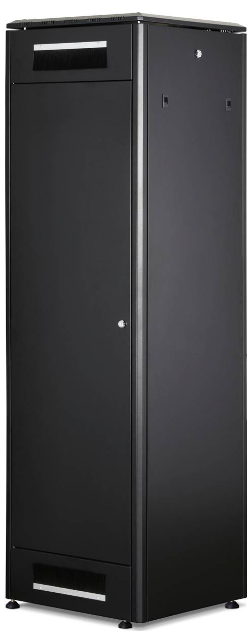 Armoire métallique noire verticale avec porte fermée. À l'intérieur, peut servir d'espace de rangement pour des équipements informatiques ou réseau.
