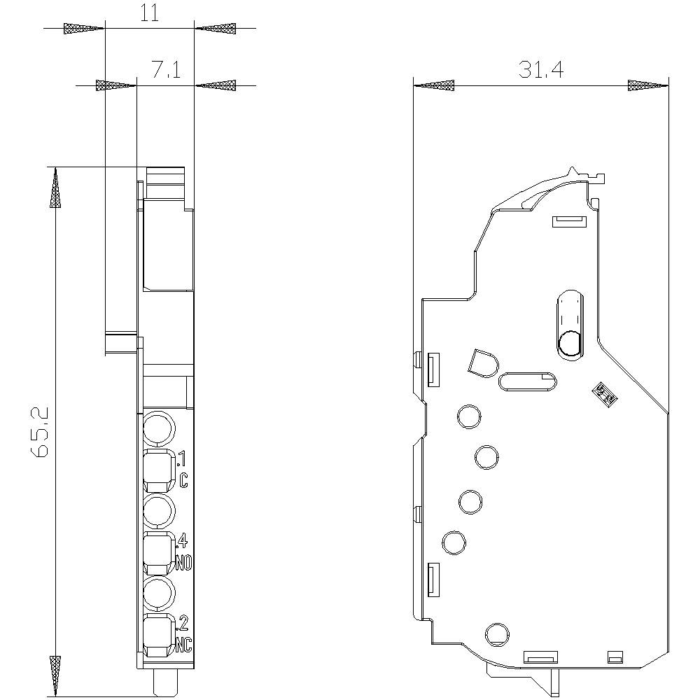 Dessin technique d'un composant électrique avec dimensions : 65,2 mm de hauteur, 11 mm de largeur, 31,4 mm de profondeur ; présente une vue de face et une vue latérale.