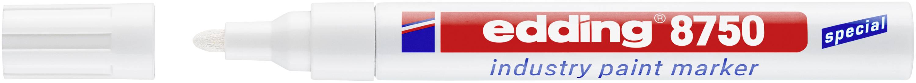 Marqueur de peinture industrielle Edding 8750 blanc avec bouchon rouge, étiquette et texte « spécial » sur le fût.