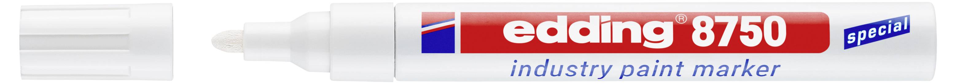 Marqueur de peinture pour industrie spéciale Edding 8750 blanc avec branding rouge et bleu sur le corps et le capuchon.