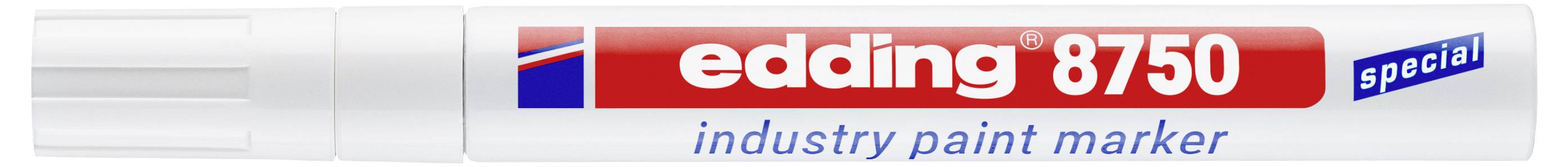 Image d'un marqueur de peinture pour l'industrie spécialisée Edding 8750 dans un tube blanc avec une étiquette rouge et une zone de bouchon bleu.