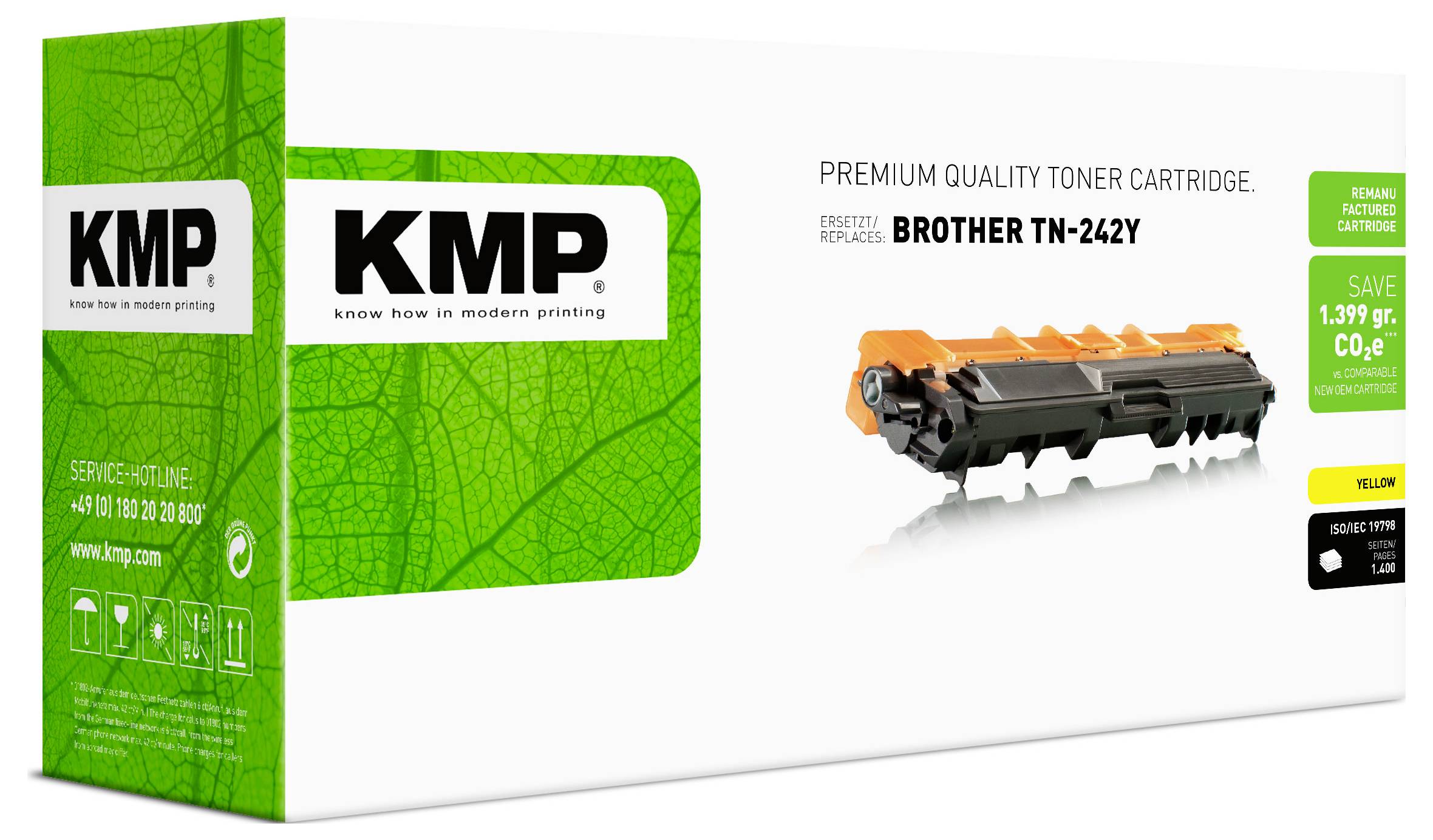 Boîte de cartouche de toner KMP pour Brother TN-242Y, présentant une cartouche de remplacement jaune et un emballage « Cartouche de toner de qualité premium ».