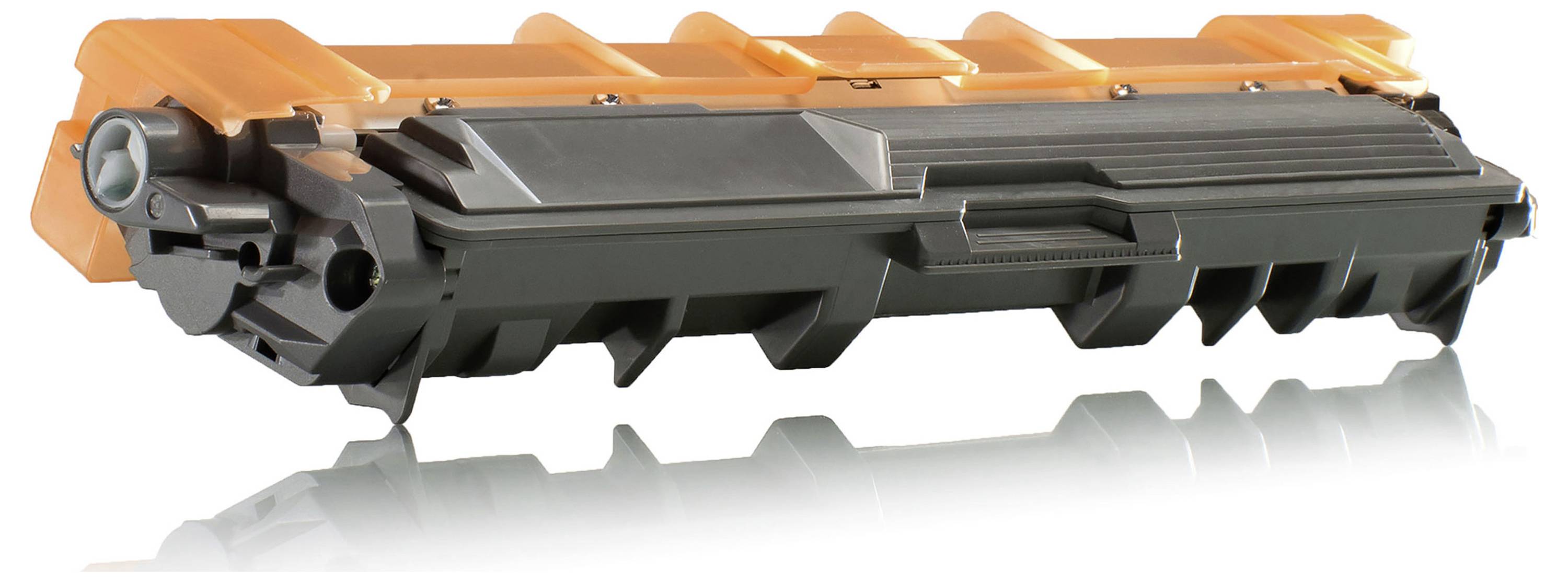 Cartouche de toner pour imprimante noire et orange sur fond blanc, présentée en vue de profil avec une légère réflexion.