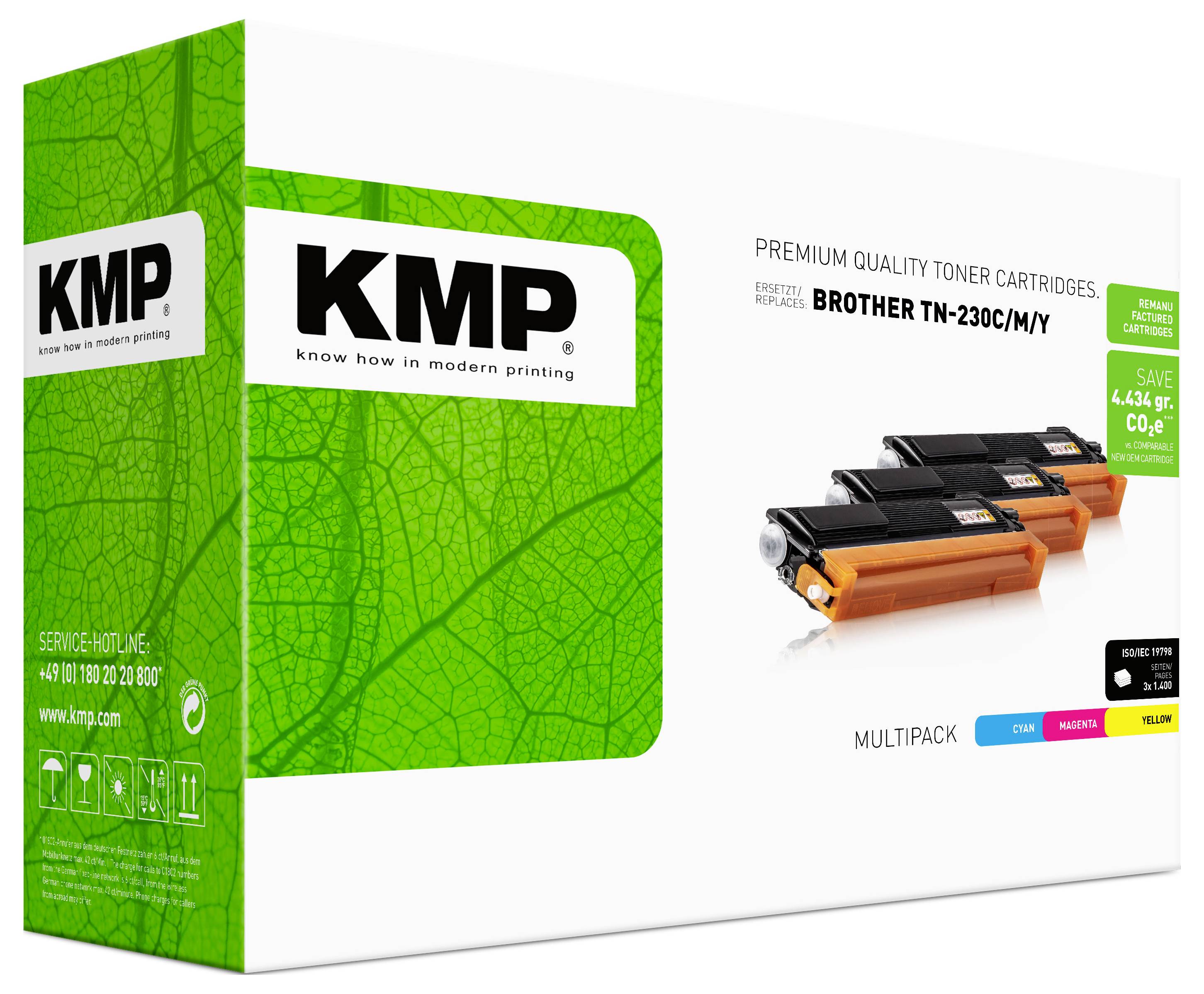 Cartouches de toner de qualité premium KMP multipack pour Brother TN-230C/M/Y, présentées sur l'emballage du produit avec les cartouches cyan, magenta et jaune.