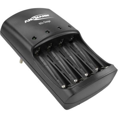 Chargeur de batterie noir avec quatre emplacements pour batteries AA ou AAA. Logo de marque en haut, voyants de charge à côté.