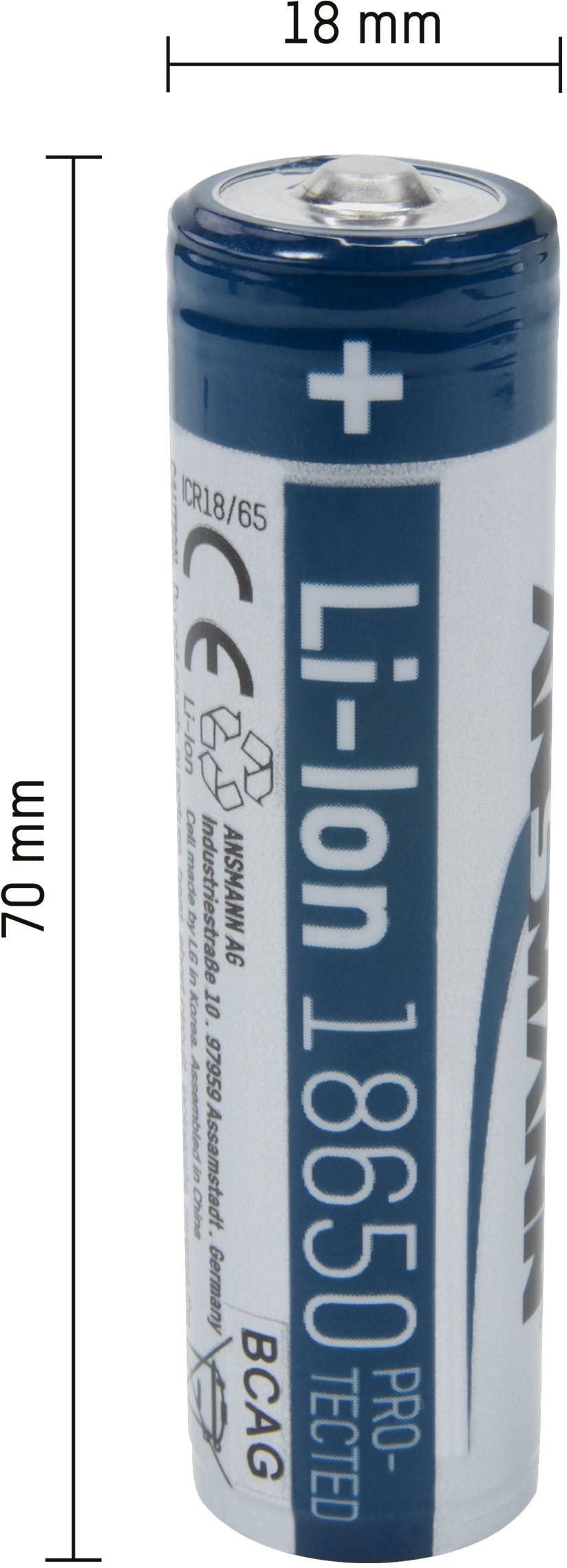 Batterie Li-ion de format 18650 avec boîtier bleu, longue de 70 mm et de 18 mm de diamètre. Le signe plus est marqué sur le dessus.